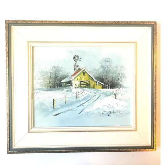 Vintage C. Gibbon Oil Painting Winter Barn Snow Scene Rustic Farmhouse Framed - Picture 1 of 10